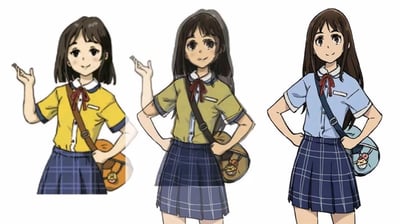 三张并排的动漫风格插画，展示同一少女角色的三种不同配色校服造型。角色均为棕色短发（中间和右侧为长发），身着白色衬衫搭配红色领结，蓝色格子百褶裙，肩挎棕色或蓝色书包。左侧角色穿黄色短袖上衣，右手食指微抬；中间角色穿浅绿色短袖上衣，左手叉腰、右手食指抬起；右侧角色穿浅蓝色短袖上衣，双手叉腰。整体构图清晰，角色表情均为温和微笑，展现清新可爱的校园少女形象。