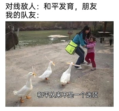 这是一张针对多人对战类游戏的趣味表情包，上方配文标注“对线敌人：和平发育，朋友”，下方是经过P图的现实场景图：户外的水泥地面上，一位面露紧张的女性正护着一脸害怕的小孩往后躲避，三只白鸭的嘴里被P上了类似刀具的道具，仿佛正主动发起攻击，图的底部配文“和平从来不是一个选项”。整张图用极具反差感的画面，调侃游戏里自己的队友完全拒绝和平发育的提议，总是主动挑事发起进攻的激进风格，精准戳中玩家遇到这类队友的共鸣点，充满搞笑效果。