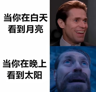 这是一张左右对比的反应梗图，左侧为文字描述，右侧为人物表情反应。上半部分文字为'当你在白天看到月亮'，对应右侧一张人物惊讶表情的特写；下半部分文字为'当你在晚上看到太阳'，对应右侧一张人物震惊仰望的表情。通过对比两种违反常规自然现象引发的不同情绪反应，制造幽默效果。