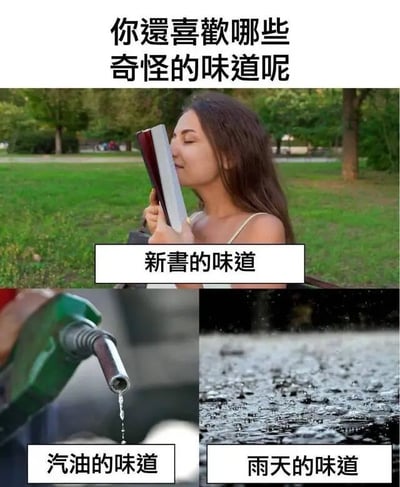 一张多图拼接的趣味梗图，上方以文字提问“你还喜欢哪些奇怪的味道呢”引发好奇。中间主体部分是一位长发女性在户外草坪上低头闻着一本新书，配文“新书的味道”；左下角展示汽油从加油枪滴落的特写，配文“汽油的味道”；右下角则是雨天地面水洼的场景，配文“雨天的味道”。通过三种不同场景的组合，幽默展现人们日常生活中可能喜欢的特殊气味，引发对小众偏好的共鸣与调侃。