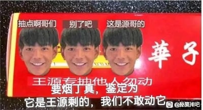 这是一张网友自制的P图梗图，将丁真的面部照片三次合成在红色的“华子”香烟盒包装上，搭配多层玩梗文字制造搞笑效果：上方三个丁真分别配文“抽点啊哥们”“别了吧”“这是源哥的”，烟盒上印有“華子”“王源专抽他人勿动”字样，下方配文“要烟丁真，鉴定为 它是王源剩的，我们不敢动它”。图中使用了谐音梗，“要烟丁真”谐音“要鉴定真”，结合了网络“鉴定为”的梗和丁真的名字，同时关联王源的名字进行恶搞，戏谑感拉满。