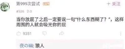 这是一张社交媒体截图，属于图文混排的静态图。主帖标注为“第999次尝试”，内容是一个脑洞大开的搞笑生活小技巧：当自己放屁后，主动说一句‘什么东西糊了？’，以此引导周围的人主动吸气，从而巧妙化解放屁带来的尴尬。下方有一条热门评论‘狼人’，这是网络流行语，用来形容行事风格狠、出其不意的人，在这里用来调侃这个应对方法很损、很有“狠劲”。整体内容轻松搞笑，用幽默的方式调侃生活中的小尴尬场景，充满趣味。