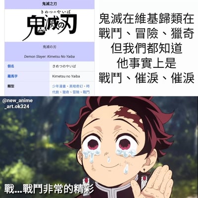 图片由上下两部分多图拼接而成，上方左侧为类似维基百科的《鬼灭之刃》信息框，包含标题、假名、罗马字及分类（少年漫画、黑暗奇幻、时代剧、猎奇、冒险、战斗）；右侧文字对比官方分类与观众真实感受：“鬼灭在维基归类在战斗、冒险、猎奇 但我们都知道 他事实上是 战斗、催泪、催泪”。下方为《鬼灭之刃》主角炭治郎的动画截图，他双眼含泪、嘴角带笑，抬手说道“战...战斗非常的精彩”，用角色的流泪表情呼应“催泪”主题，形成幽默调侃效果。