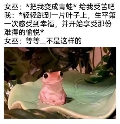 这是一张图文混排的搞笑网络梗图，上方文字构建了一个充满反差感的趣味剧情：女巫对“我”施加诅咒，意图将“我”变成青蛙来让“我”承受痛苦，然而“我”变成青蛙后，轻轻跳到一片叶子上，不仅没有感到痛苦，反而生平第一次感受到幸福，开始享受这份难得的愉悦，女巫看到这个结果后十分错愕，表示这不是她预期的情况。下方的配图是一只粉色的青蛙，它趴在一片绿色的叶子上，眼睛圆溜溜的，神态看起来十分满足、惬意，完美呼应了文字里“我”变成青蛙后的幸福状态，通过打破“变青蛙是惩罚”的常规认知，用反向的剧情制造出强烈的反差幽默，让人觉得滑稽好笑。
