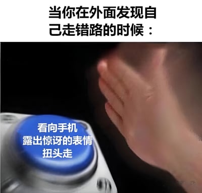 图片上方有文字“当你在外面发现自己走错路的时候：”，下方是一张照片，显示一只手正在接近一个蓝色按钮，按钮上有文字“看向手机 露出惊讶的表情 扭头走”。这张图片幽默地描绘了人们在发现自己走错路时的典型反应，通过假装看手机来掩饰尴尬并转身离开。