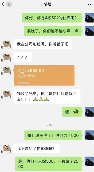 这是一张微信聊天记录截图，内容围绕邻里噪音投诉展开：投诉的住户先是提醒4栋502的住户夜间动静太大影响休息，502住户却表示自己正在公司加班，立刻意识到家中情况异常，随即给对方转了888元，请求帮忙堵住家门自己马上赶回抓奸；之后帮忙堵门的住户告知对方堵不住了，屋里的人一共给了2500元好处费，按“一人给500”推算屋内有5名男子，暗指502住户的妻子同时与多人在家，整个对话充满荒诞笑点，用夸张的设定营造出搞笑的绿帽梗效果。