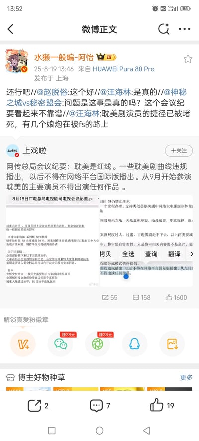 这是一张2025年8月19日发布于上海的微博截图，用户「水獭一般编-阿怡」通过HUAWEI Pura 80 Pro发布，转发了赵脱俗、汪海林等大V的内容，讨论网传广电总局会议纪要的相关传闻：纪要称耽美为红线，禁止耽美剧通过网络平台国际版曲线违规播出，9月起参演耽美的主要演员不得出演任何作品。汪海林在转发中称「耽美剧演员的捷径已被堵死，有几个娘炮在被fs（封杀）的路上」，另有用户质疑该会议纪要的真实性。截图中还包含网传的「8月18日广电总局电视剧司电视会议纪要」的部分内容，以及该微博的互动数据（55转发、158评论、1600点赞），下方还有微博的「好物种草」等模块。