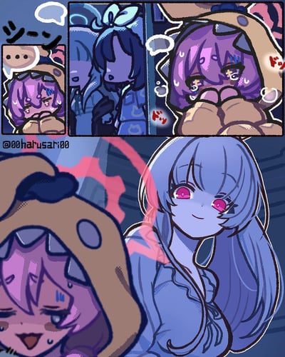 Anime-style comic with multiple panels featuring two main characters. The purple-haired character appears distressed with tears and sweat, covering their face in some panels and looking害怕 in others. The blue-haired character has a menacing smile with glowing red eyes. The comic uses dark blue tones with pink accents to create a tense atmosphere. There are Japanese sound effect texts like "シーン" (scene) and "ドキ" (throb/heartbeat).