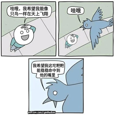 这是一幅三格连环漫画。第一格中，一个白色圆脸、穿着蓝色上衣的卡通人物抬头抬手，面带笑容，说：“哇哦，我希望我能像只鸟一样在天上飞翔”。第二格，一只蓝色小鸟从他头顶飞过，也发出“哇哦”的叫声。第三格特写小鸟，它内心想着：“我希望我这坨粑粑能稳稳命中到他的嘴里”。通过人类天真的飞翔愿望与小鸟粗俗的“反击”愿望形成强烈反差，制造出黑色幽默效果。