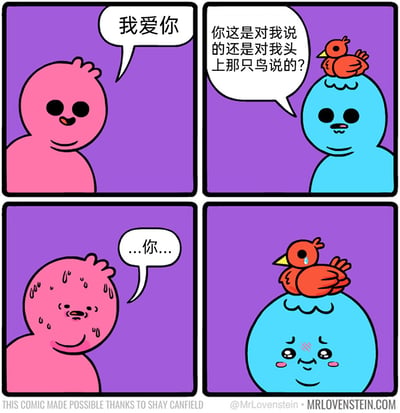 这是一则四格原创卡通漫画，第一格中，粉色卡通角色面带微笑，向蓝色角色告白说“我爱你”；第二格中，蓝色角色的头顶站着一只红色小鸟，它疑惑地询问粉色角色，告白是对自己说的还是对头上的小鸟说的；第三格中，粉色角色瞬间满头大汗，表情尴尬，支支吾吾地说出“...你...”；第四格中，红色小鸟流下伤心的眼泪，蓝色角色也露出委屈的表情，原来粉色角色的告白对象其实是小鸟，这一反转制造出尴尬又略带伤感的搞笑效果。