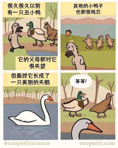 这是一幅改编自经典童话《丑小鸭》的四格连环卡通漫画，通过结局反转制造搞笑效果：
1. 第一格：文字“很久很久以前有一只丑小鸭”，画面中丑小鸭站在表情失望的父母面前，被亲生父母嫌弃；
2. 第二格：文字“其他的小鸭子也都很残忍”，几只小鸭子用东西砸向丑小鸭，丑小鸭满脸泪水，委屈又难过；
3. 第三格：文字“但最终它长成了一只美丽的天鹅”，画面里一只优雅的白天鹅在湖面游动；
4. 第四格：丑小鸭的父母突然回头大喊“等等！”，而白天鹅的视角显示它正面对着另一只天鹅，暗示这只天鹅并非他们的孩子，彻底反转了原童话的温馨结局，带来意外的喜剧感。