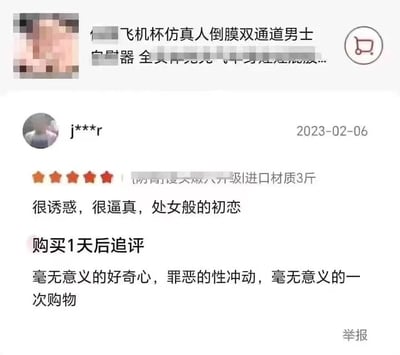这是一张电商平台成人用品的买家评论截图，展示了一位用户的前后反差评价。商品标题为"飞机杯仿真人倒膜双通道男士自慰器"，用户最初给出五星好评，评论内容为"很诱惑，很逼真，处女般的初恋"。但在购买1天后的追评中，用户态度发生180度转变，写道"毫无意义的好奇心，罪恶的性冲动，毫无意义的一次购物"，形成鲜明对比。
