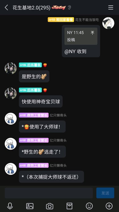 这是一张名为“花生基地2.0(295)”的群聊截图，群内氛围轻松活泼。首先成员“花生不能当饭吃”回复了群友NY的投稿消息，表示收到；随后成员“后杀薯条”以“是野生的🥜”开启了宝可梦捕捉玩法的趣味梗，接着说“快使用神奇宝贝球”；成员“亿只懒骨头”随即配合玩梗，先后发送“*🍟使用了大师球！”“*野生的🥜逃走了！”“*（本次捕捉大师球不返还）”，完整还原了宝可梦游戏中精灵捕捉失败的流程，群友通过这种趣味互动增添群内乐趣。