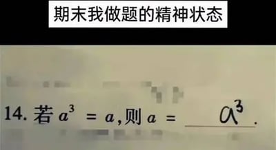 这张梗图采用顶部配文+下方试题截图的形式，顶部白色背景黑字标注“期末我做题的精神状态”，下方展示了一道数学填空题：“14. 若a³ = a，则a = ____”，本应该填写正确解的横线处，却被直接填写了原式中的“a³”，以这种荒诞、不符合逻辑的作答方式，生动调侃了大学生进入期末周后复习压力过大、头脑混沌，已经无法正常思考解题的混乱精神状态，容易引发学生群体的共鸣。