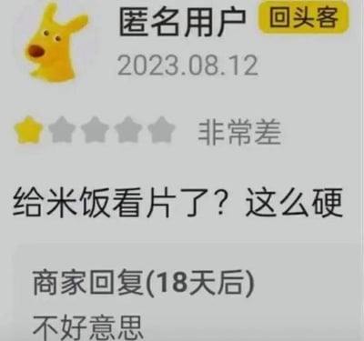 这是一张电商平台的用户评价截图，显示一位名为"匿名用户"的回头客在2023年8月12日给出了一星"非常差"的评价。用户用幽默的方式吐槽米饭太硬："给米饭看片了？这么硬"，商家在18天后仅回复了"不好意思"。整个截图呈现了一个有趣的消费者反馈场景，体现了网络评价中的幽默吐槽文化。