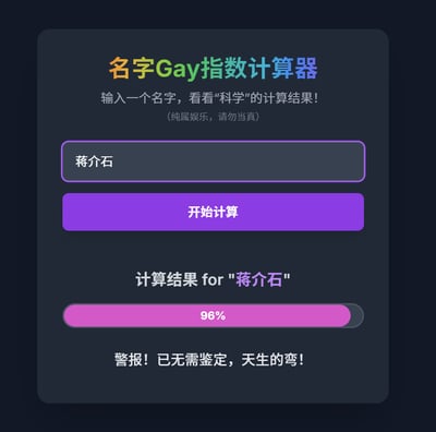 这是一款名为「名字Gay指数计算器」的娱乐网页小工具界面，用户输入「蒋介石」的名字后，工具生成了96%的指数结果，并配文「警报！已无需鉴定，天生的弯！」，整体内容纯属无厘头恶搞，没有任何科学依据，仅用于制造搞笑效果，页面顶部也标注了「纯属娱乐，请勿当真」的提示。