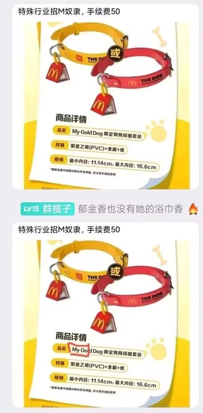 这是一组由上下两张图组成的社交媒体玩梗截图，核心是对麦当劳联名的My Gold Dog限定狗狗项圈套装进行恶搞。上方图配文“特殊行业招M奴隶，手续费50”，并附带一条暧昧评论“郁金香也没有她的浴巾香 🔥”；下方图则将商品品名里的“Gold”修改为“God”，变成My God Dog，结合项圈的宠物属性和“M”对应麦当劳标志的点，玩擦边的主仆类低俗玩笑，通过修改文字和搭配文案制造梗点，属于网友自制的恶搞二次创作内容。
双关与梗点：修改品名文字形成“My God”的谐音玩梗，同时“M”既指麦当劳的品牌标志，又暗合文案里的“M奴隶”，形成双重玩梗，结合项圈的宠物属性制造擦边趣味。