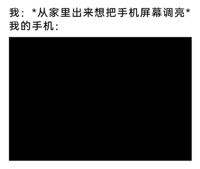 这是一张精准吐槽手机自动亮度功能反人类体验的趣味梗图。图中上方文字描述了用户的场景与需求：从室内走到室外，想要调亮手机屏幕以看清内容；而下方的纯黑色块则具象化了手机的反向反应——不仅没有按照用户需求调亮屏幕，反而亮度变得极低甚至黑屏，夸张地放大了很多人在使用手机时遇到的自动亮度失灵、和用户操作需求背道而驰的尴尬日常，能够引发有相同经历的用户的强烈共鸣。