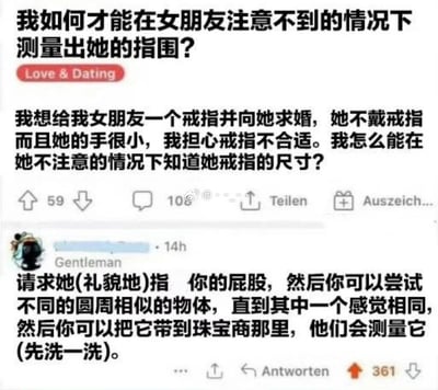社交媒体帖子截图，主题为“如何在女友不注意时测量指围”。用户提问想求婚但担心戒指尺寸不合适，寻求秘密测量方法。帖子获59赞、108条评论，14小时前用户“Gentleman”回复幽默建议：让女友指自己屁股，用相似圆周物体比对后带至珠宝商测量（需先清洗）。整体风格轻松搞笑，展现情侣间的趣味互动。