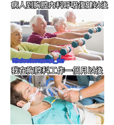 上半部分展示幾位老年人在胸腔內科進行呼吸復健訓練，手持啞鈴伸展手臂，神情輕鬆；下半部分則是一名醫護人員（或工作者）躺在病床上，佩戴呼吸面罩，連接呼吸管，呈現疲憊崩潰狀態。通過對比病人復健後的積極狀態與醫護人員工作一個月後的疲憊樣態，幽默地表達了胸腔科醫護工作的辛苦與壓力反差。