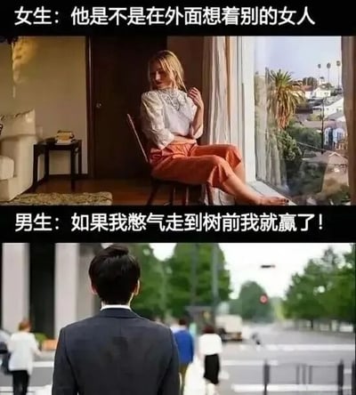 图片为上下两格拼接的真人梗图。上格中一名金发女性坐在室内窗边椅子上，身着白色上衣和橙色长裤，单手撩发，眼神略带忧郁，配文“女生：他是不是在外面想着别的女人”，展现女性在情感关系中常见的细腻多虑。下格中一名穿深色西装的男性站在街头，背景有树木和行人，他目视前方神情专注，配文“男生：如果我憋气走到树前我就赢了！”，凸显男性思维的简单直接。两格内容通过强烈反差，幽默调侃男女在内心想法上的典型差异。