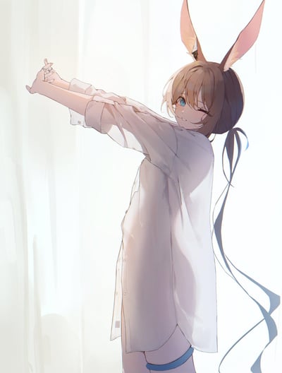 这是一张AI绘制的《明日方舟》角色阿米娅的插画，画面里阿米娅扎着低马尾，保留着标志性的兔耳，穿着宽松的白衬衫，正侧过身看向镜头，一只眼睛半睁着，双手交握向前伸展做伸懒腰的动作，神态慵懒惺忪，看起来像是刚睡醒的样子。背景是明亮的浅色窗帘，整体氛围慵懒又治愈，将二次元角色进行了生活化的演绎。