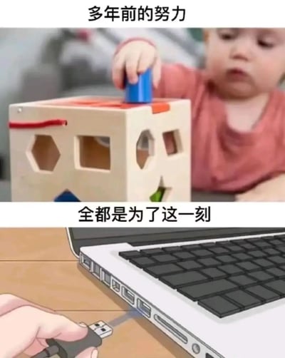 这是一张上下拼接的梗图，上图展示婴儿专注地将蓝色形状块放入对应形状的玩具盒，配文'多年前的努力'；下图展示一只手一次准确插入USB线到笔记本接口，配文'全都是为了这一刻'。图片通过幽默手法将童年玩形状配对的经历与成年后一次插对USB的成就感关联，引发观众共鸣。