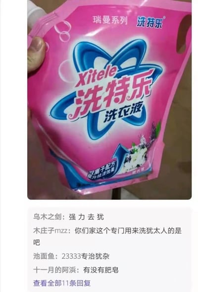 这张图由两部分组成：上方是实拍的“洗特乐”袋装洗衣液，包装为粉色主色调，带有蓝色品牌标识，标注了“瑞曼系列”“双离子配方 提升祛渍效果”等字样；下方是电商平台的评论区截图，网友利用包装上“祛渍”的谐音，将其玩梗写成“强力去犹”，进而调侃这款洗衣液是“专门用来洗犹太人的”“专治犹杂”，还有网友跟进问“有没有肥皂”，通过谐音制造出荒诞搞笑的趣味效果，是典型的网络玩梗内容。