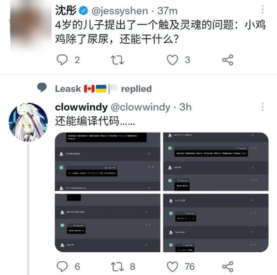 这是一张X（原Twitter）平台的社交媒体互动截图，上方是认证用户沈彤发布的推文，内容为自己4岁的儿子提出问题“小鸡鸡除了尿尿，还能干什么”；下方是用户clowwindy的回复，称“还能编译代码……”，并附带四张命令行终端操作截图，展示了编辑C语言代码、使用GCC编译器编译并运行输出hello world的完整流程，利用“GCC”编译器的发音和“鸡”的谐音制造笑点，属于程序员圈层的趣味玩梗内容。