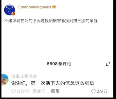 这是一张社交媒体截图，展示了一条幽默调侃三胎政策的帖子。用户"Emobreakingheart"发布内容称"不建议现在死的原因是投胎很容易投到拼三胎的家庭"，用夸张的投胎梗制造黑色幽默效果。下方高赞评论"没事儿我溜达"回应"谢谢你，第一次活下去的信念这么强烈"，形成搞笑互动。