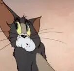 图片中是经典卡通《猫和老鼠》中的角色汤姆猫，它正呈现出惊讶的表情：双眼瞪得滚圆，瞳孔放大，嘴巴微张，胡须翘起，背景为橙黄色调，整体画面聚焦于汤姆猫的面部特写，生动展现了其震惊的情绪状态。