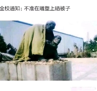 这是一张充满反差感的校园搞笑图文，图片上方配有文字“全校通知:不准在雕塑上晒被子”，而画面主体是校园里的一组写实风格人物雕塑，雕塑呈现出人物依偎趴伏的姿态，一条军绿色的被子正搭在上方的雕塑身上晾晒，通知的禁令和实际发生的行为形成强烈反差，制造出滑稽的效果，调侃了部分学生为晾晒衣物不拘一格的校园日常。