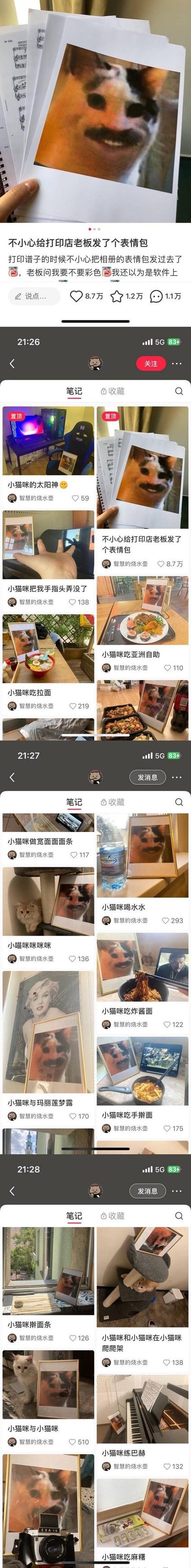 这是一张社交媒体 feed 的竖屏截图，展示了多个用户帖子。顶部帖子为核心内容：一名用户将朋友的脸 P 成夸张表情包，打印后贴满对方工位，配文“不小心把朋友的脸P成了表情包 打印出来贴满了他的工位 现在他追杀我三条街了”，充满搞笑整蛊氛围。下方可见其他用户发布的生活场景、美食、宠物等各类帖子缩略图，整体呈现典型的社交媒体滚动浏览界面。