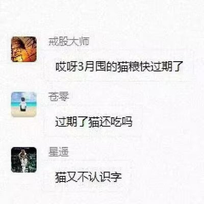 这是一段三人的趣味聊天记录截图：用户「戒股大师」提到自己3月囤的猫粮快过期了，用户「苍零」询问过期的猫粮猫还会不会吃，用户「星遥」给出了一个无厘头的神回复——「猫又不认识字」，跳出常规逻辑，用幽默的角度调侃猫粮过期的问题，让人忍俊不禁。