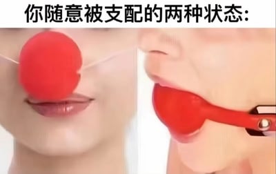 图片上方有文字'你随意被支配的两种状态:'，下方分为左右两部分对比展示。左侧是一个人佩戴红色小丑鼻子的面部特写，象征被动接受、被当作笑料的状态；右侧是一个人的嘴部特写，一把红色勺子被夹子夹住伸入嘴中，象征被强行控制、失去自主权的状态。整体通过夸张的视觉元素幽默地表达了人们在生活中可能遇到的两种被支配情景，带有自嘲和无奈的搞笑意味。