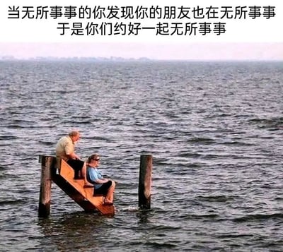 这是一张充满治愈感的趣味梗图，画面主体是两位老人坐在被湖水淹没的楼梯式平台上，平台的大部分结构已经没入水中，仅台阶部分露出水面，周围是开阔的湖水。两位老人姿态放松，一位坐在楼梯上层身体前倾，一位坐在下层靠在楼梯上，看起来正在放空发呆。图片上方配有文字“当无所事事的你发现你的朋友也在无所事事于是你们约好一起无所事事”，用这个无意义却悠闲的场景，精准调侃了当代年轻人和好友一起摸鱼、虚度时光的轻松日常，将那种不想做事、只想和好友一起浪费时间的慵懒心态具象化，充满自嘲和治愈的氛围。