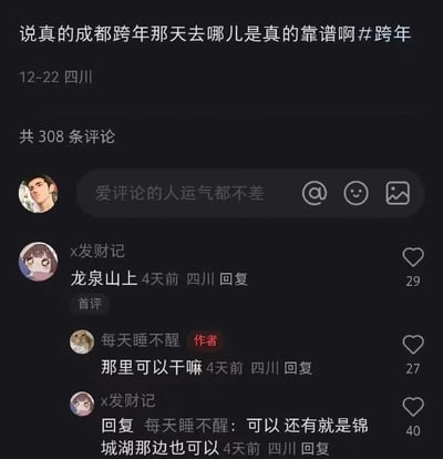 图片为社交媒体截图，内容是用户“每天睡不醒”于12月22日在四川发布的帖子，询问“成都跨年那天去哪儿是真的靠谱啊 #跨年”，下方显示共308条评论。评论区中，用户“x发财记”4天前首评推荐“龙泉山上”，获29赞；作者回复询问“那里可以干嘛”，获27赞；“x发财记”再次回复补充“锦城湖那边也可以”，获40赞。界面包含用户头像、评论时间、地区标识及点赞按钮等社交媒体元素。