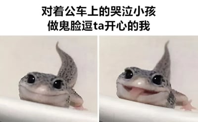 图片为左右对比的静态图，上方配有文字'对着公车上的哭泣小孩做鬼脸逗ta开心的我'。左侧是一只表情平静的壁虎，眼睛圆溜溜注视前方；右侧同一只壁虎张大嘴巴，露出舌头，做出滑稽的鬼脸表情，生动展现了试图逗乐哭泣小孩时的自己。整体风格轻松搞笑，通过动物表情模拟人的行为，充满生活趣味。