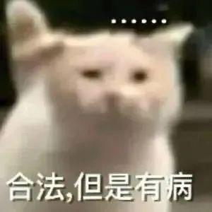 图片中是一只白色猫咪的特写，面部略显模糊，眼神直视前方，带着一丝冷漠或困惑的表情。图片底部配有文字“合法,但是有病”，通过猫咪的表情与文字结合，幽默地表达对某些虽合法但不合常理、令人费解现象的调侃。