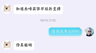 这是一张社交聊天软件的静态截图，呈现了一段充满趣味的双关梗对话。对话由卡通小狗头像的用户发起，提问“知道为啥英国不玩扑克牌”，随后戴墨镜的真人头像用户给出答案“因为没有queen”，最后卡通小狗头像用户回复“你真聪明”。这段对话的趣味点在于运用了双关手法，“queen”一词既指扑克牌中的皇后牌，又指代英国的女王，通过这个双重含义制造出荒诞又搞笑的玩笑效果，为聊天增添轻松氛围。