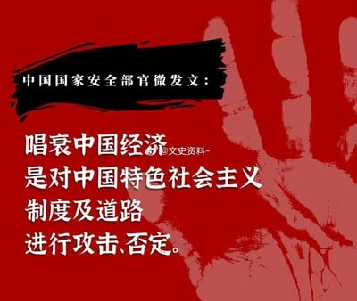 这是一张以红色为背景、搭配手掌图案的图文内容，上方黑色区域标注内容来源为中国国家安全部官微，下方白色文字明确传达官方观点：唱衰中国经济是对中国特色社会主义制度及道路进行攻击、否定。图片无谐音梗、双关或暗示类内容。
