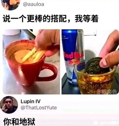 这是一张来自海外社交平台的截图，整体分为上下两个区域。上方区域是用户@aauloa发布的内容，配文“说一个更棒的搭配，我等着”，同时附带左右两张食物搭配图：左侧图中一只手正在将几根类似百奇的饼干条泡入红色杯子里的浓稠酱料中；右侧图中一只手正把奥利奥饼干泡进装有红牛功能饮料的透明杯子里，这两种搭配都属于让人难以接受的黑暗料理。下方区域是用户Lupin IV（账号@ThatLostYute）的回复，配文“你和地狱”，用尖锐的吐槽表达了对这些奇葩食物搭配的嫌弃，暗指这种搭配难吃到应该下地狱，形成了搞笑又扎心的效果。