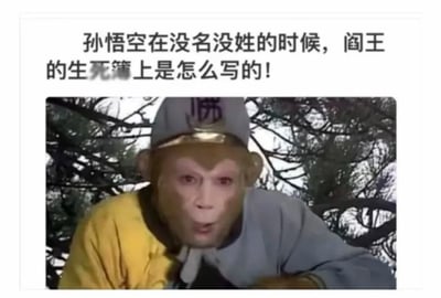 这张梗图的上方有一行提问文字：“孙悟空在没名没姓的时候，阎王的生死簿上是怎么写的！”下方配有《西游记》中孙悟空形象的剧照。这种问法带有冷知识、恶搞与趣味性，常用于调侃经典角色设定，属于无厘头幽默问题。图片主要利用角色设定的历史漏洞引发发笑。