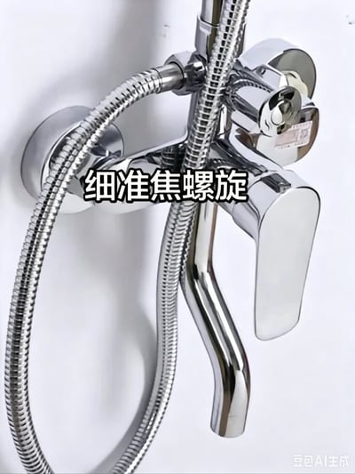 这是一张AI生成的静态玩梗图，主体为安装在纯白色墙面上的银色镀铬淋浴混水阀装置，附带两根盘绕的金属波纹淋浴软管。图中部叠加了黑边白字的醒目标注“细准焦螺旋”，右下角带有“豆包AI生成”的水印。该创作利用淋浴龙头的调节把手、出水嘴搭配金属软管的组合形态，刻意类比生物课中使用的显微镜上的细准焦螺旋部件，二者外形高度相似，产生荒诞的笑点，属于趣味网络梗图。