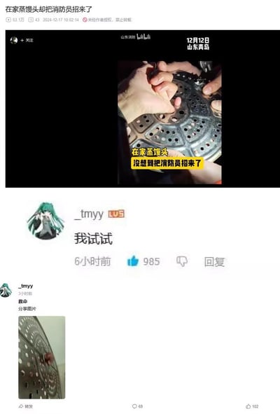 这是一组来自B站的拼接式梗图，上方是山东消防官方账号发布的真实救援视频截图：12月12日山东青岛，一名市民在家蒸馒头时手意外卡在蒸屉的孔洞中，无奈之下求助消防员前来脱困，配文“在家蒸馒头 没想到把消防员招来了”。下方是B站用户_tmyyy的评论区互动内容：该用户先是评论“我试试”，这条评论获得985个赞；随后该用户发布了自己手卡进蒸屉孔洞的图片，并配文“救命”，完美复刻了需要求助消防的前置场景，搞笑又真实，没有双关或谐音梗，纯粹是模仿翻车的趣味内容。