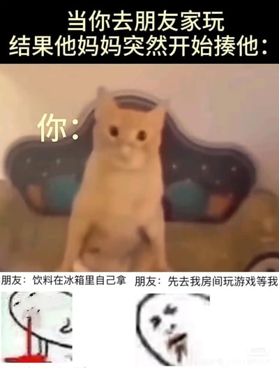 这是一张还原生活尴尬场景的搞笑梗图，采用多图拼接+文字加注的形式呈现。上方文字设定场景：“当你去朋友家玩 结果他妈妈突然开始揍他：”，中间是一只表情呆滞、坐姿僵硬的猫咪，标注为“你”，精准还原了此时作为客人的自己手足无措、坐立难安的尴尬状态；下方左右两个小图分别是吐血和捂脸的经典情绪表情包，对应配文朋友在挨揍时强装镇定说出的招待话语：“饮料在冰箱里自己拿”“先去我房间玩游戏等我”，通过朋友痛苦状态和镇定话语的反差，以及自己的尴尬处境，放大了场景的社死感，引发网友对类似经历的共鸣。