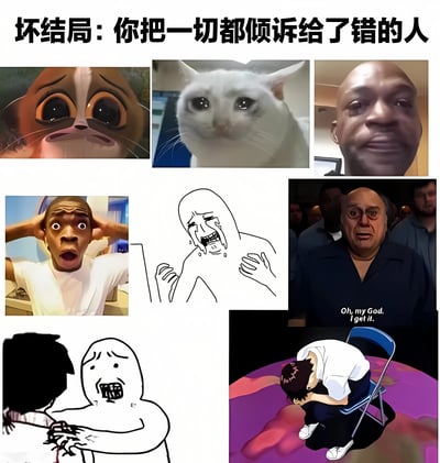 一张九宫格布局的表情包合集，上方配有文字'坏结局：你把一切都倾诉给了错的人'。图片包含8个不同的震惊、悲伤或后悔的表情图像，包括卡通动物、流泪猫、真人反应和火柴人漫画等，共同表达向错误对象倾诉后的糟糕后果和情绪反应。