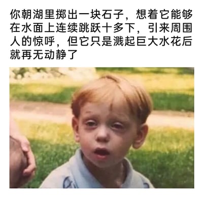 这是一张图文混排的搞笑表情包，上方的文字描述了一个日常的小场景：自己满怀期待地朝湖里掷出石子，预想石子能在水面连续跳跃十多下，引来周围人的惊呼，可现实却是石子只溅起巨大水花后就沉入水中，期待完全落空；下方搭配了一张红棕色头发小男孩的照片，男孩双眼半睁、嘴巴微张，脸上露出震惊又失落的神情，完美契合了期待落空后尴尬、失望的情绪，用夸张的表情放大了日常小事里的心理落差，充满诙谐感。