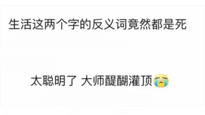 这是一张纯文字静态图片，上方是一个脑洞大开的网络段子：将“生活”拆分为“生”与“活”两个单字，二者的反义词均为“死”，用这种文字拆解的方式制造出带有黑色幽默的扎心效果；下方是网友的调侃式回应，搭配流泪的表情，以“大师醍醐灌顶”的反讽语气，表达出被这个段子戳中、哭笑不得的情绪，整体内容是网友用来调侃生活压力的趣味文案，用简单直白的文字传递出对生活的无奈与自嘲。