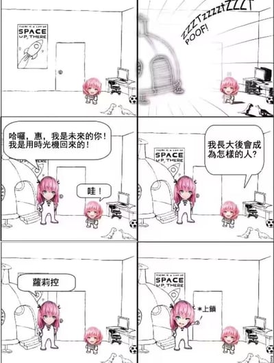 这是一组六格连环搞笑漫画，改编自动漫《间谍过家家》的角色阿尼亚·福杰。第一格：小时候的阿尼亚在贴有太空主题海报的房间里玩耍；第二格：时光机突然出现，发出“ZZZZZZZZ POOF!”的声响；第三格：长大后的阿尼亚从时光机走出，对小阿尼亚说自己是未来的她，小阿尼亚惊讶回应；第四格：小阿尼亚好奇询问未来的自己会成为什么样的人；第五格：长大的阿尼亚直白回答“萝莉控”；第六格：小阿尼亚立刻将房间门锁上，把未来的自己关在门外。
笑点解析：未来的阿尼亚坦诚自己是萝莉控，而萝莉控的喜好对象正是小阿尼亚这类孩童，形成了荒诞的自我指向型反差，小阿尼亚的锁门行为更是将这种黑色幽默拉满。